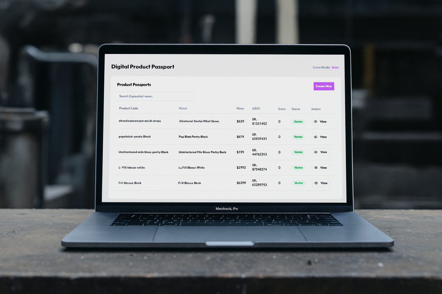 Laptop displaying Digital Product Passport dashboard with product listings and QR codes